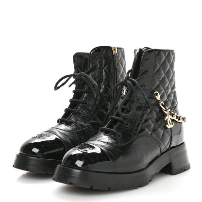 Chanel Shiny Calfskin Patent Quilted Chain Lace Up Combat Boots 40 Black 4 of 10