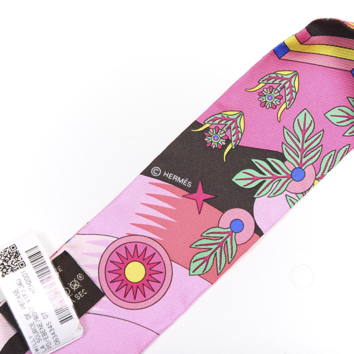 Hermes Silk La Source de Pegase Twilly Ebene Rose Vif Jaune Vif 3 of 3
