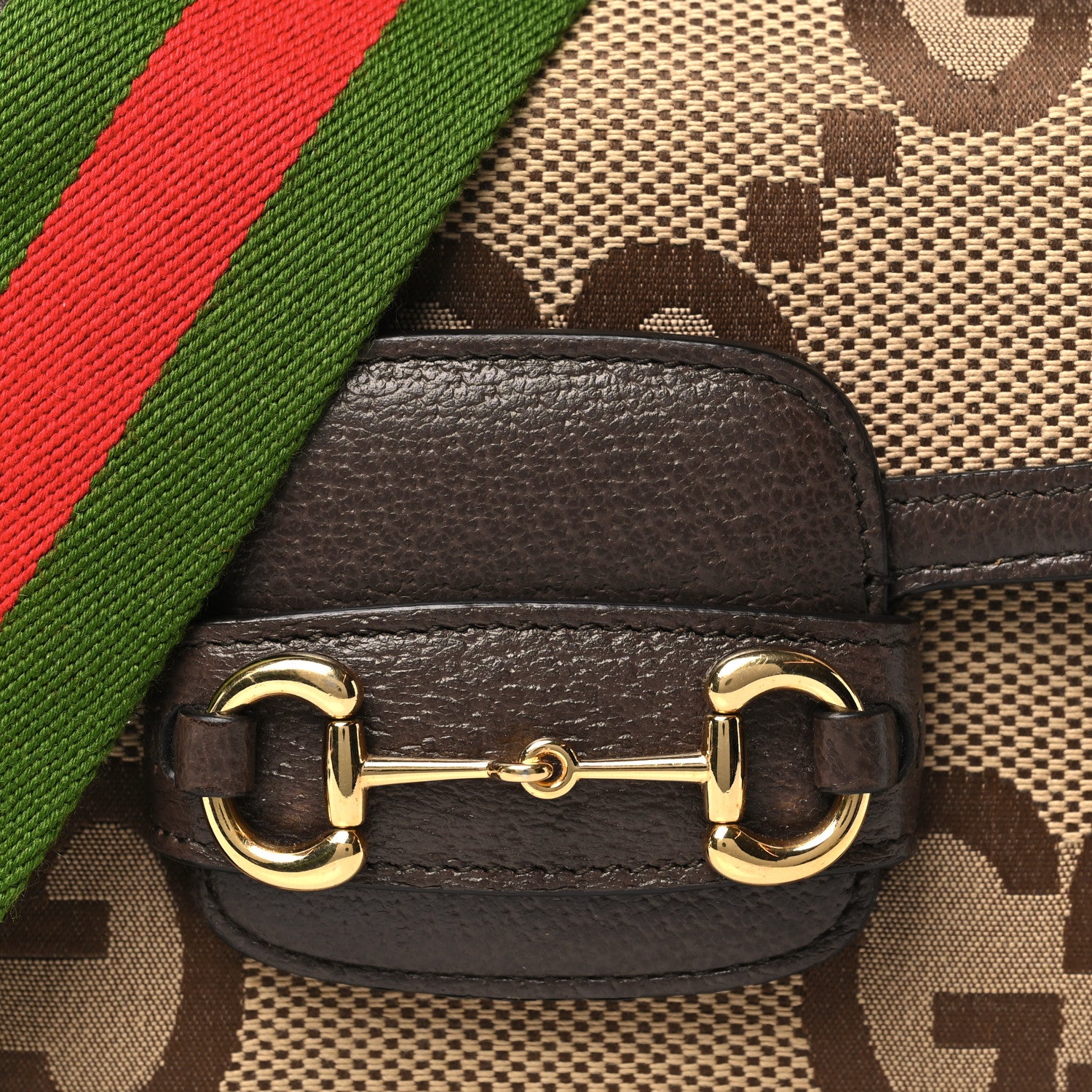 Gucci Monogram Jumbo GG Textured Dollar Calfskin Web Mini Horsebit 1955 Shoulder Bag Camel Ebony New Acero 8 of 10