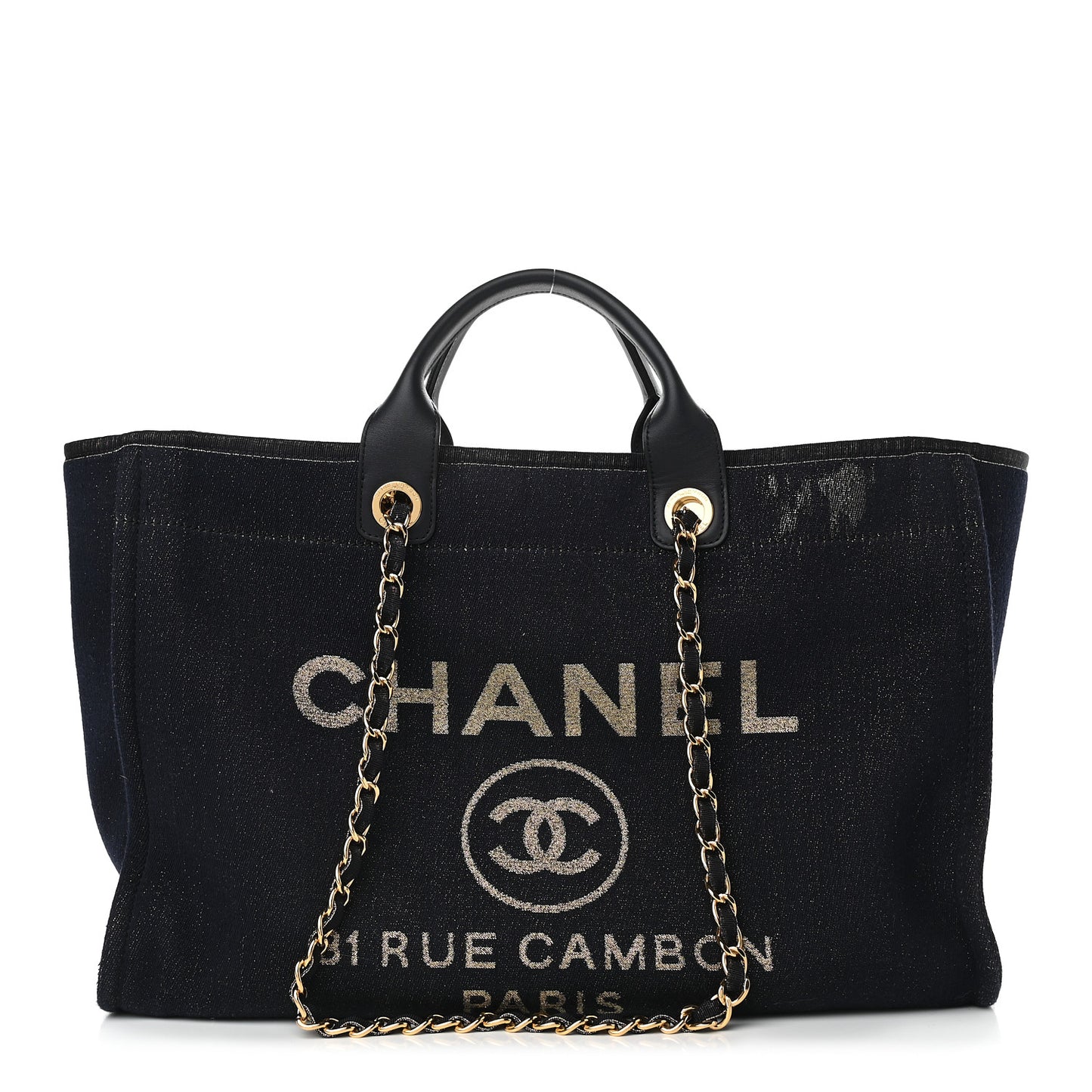 Lurex Canvas Medium Deauville Tote Navy Blue Gold