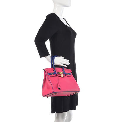 Hermes Epsom Bi Color Horseshoe Birkin 30 Rose Tyrien Bleu Electrique 2 of 33
