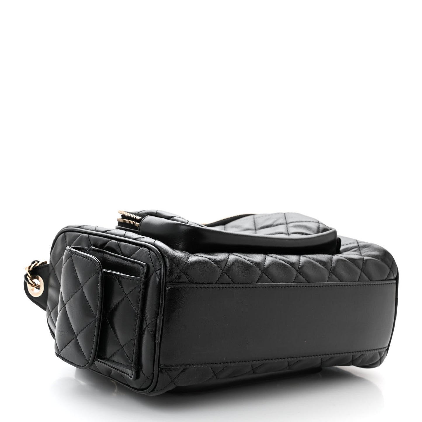 Shiny Crumpled Lambskin Quilted Medium Preppy Pocket Camera Case Black