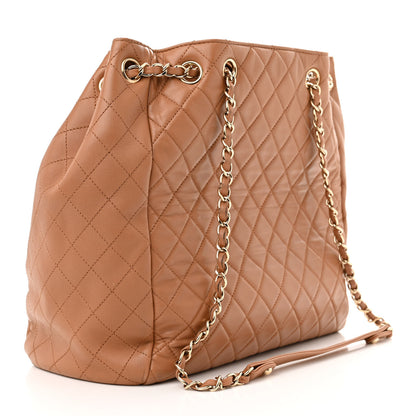 Chanel Lambskin Quilted Large Drawstring Shoulder Bag Dark Beige 3 of 10