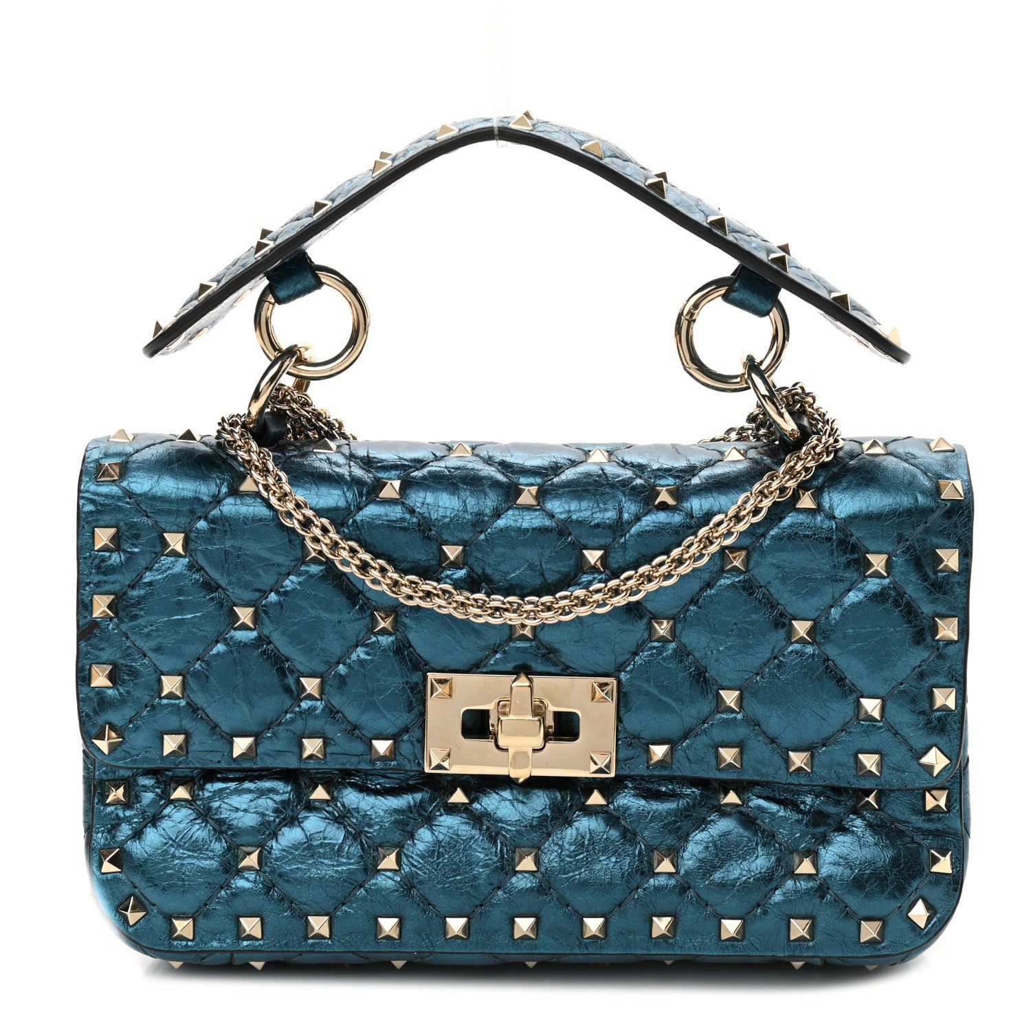 Valentino Garavani Metallic Wrinkled Lambskin Small Rockstud Spike Shoulder Bag Peacock 1 of 10