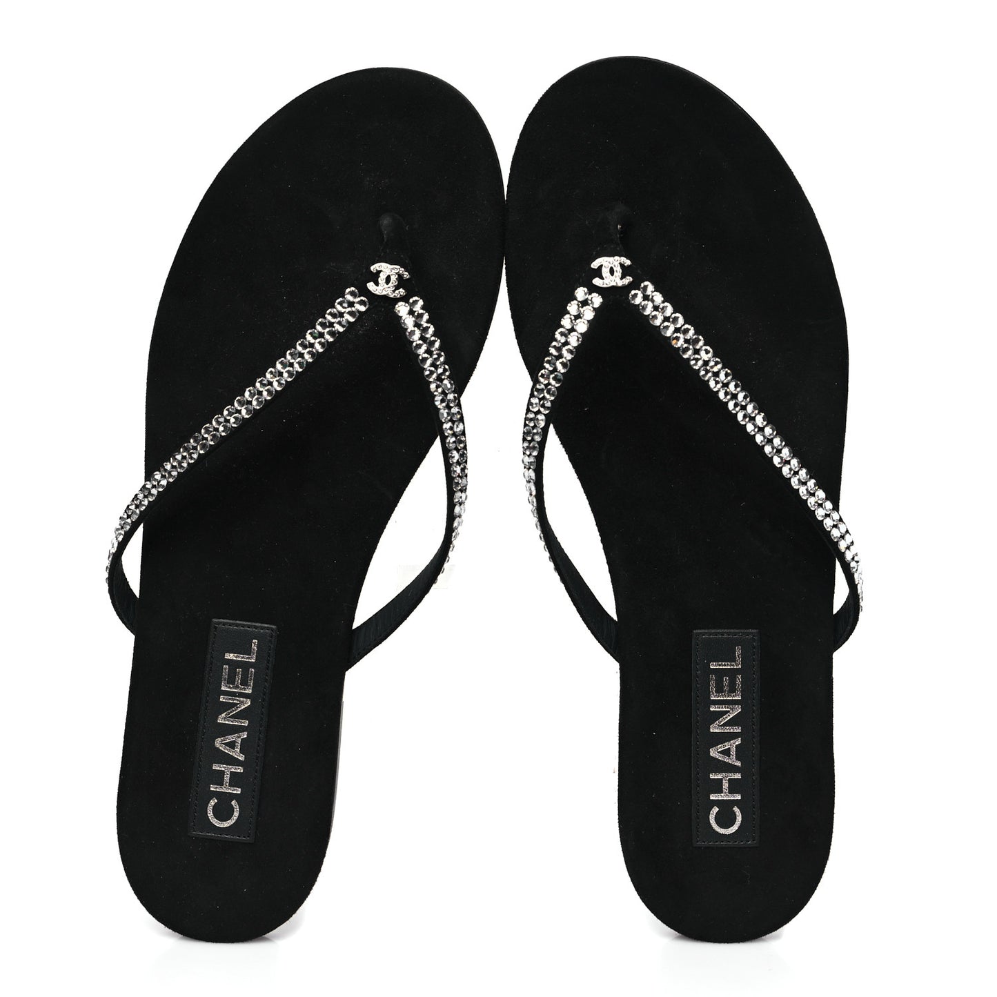 Suede Kidskin Strass CC Thong Sandals 40 Black