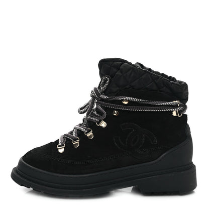 Chanel Suede Nylon CC Lace Up Snow Boots 39 Black 1 of 9
