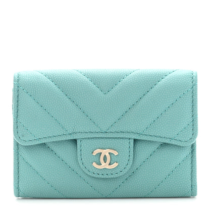 Chanel Caviar Chevron Quilted Flap Card Holder Green 1 of 10