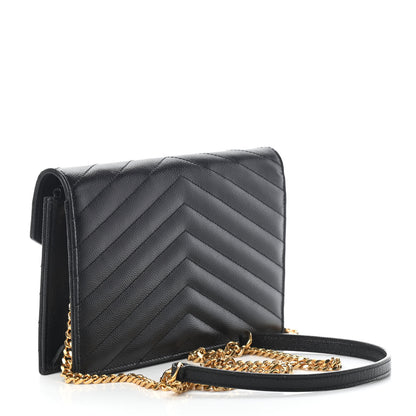 Saint Laurent Grain De Poudre Matelasse Chevron Monogram Envelope Chain Wallet Black 3 of 8