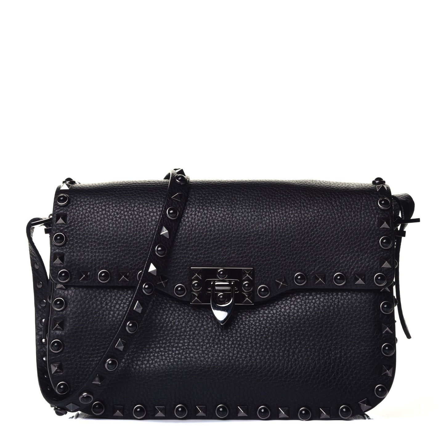 Pebbled Calfskin Onyx Medium Rockstud Rolling Flap Saddle Bag Black