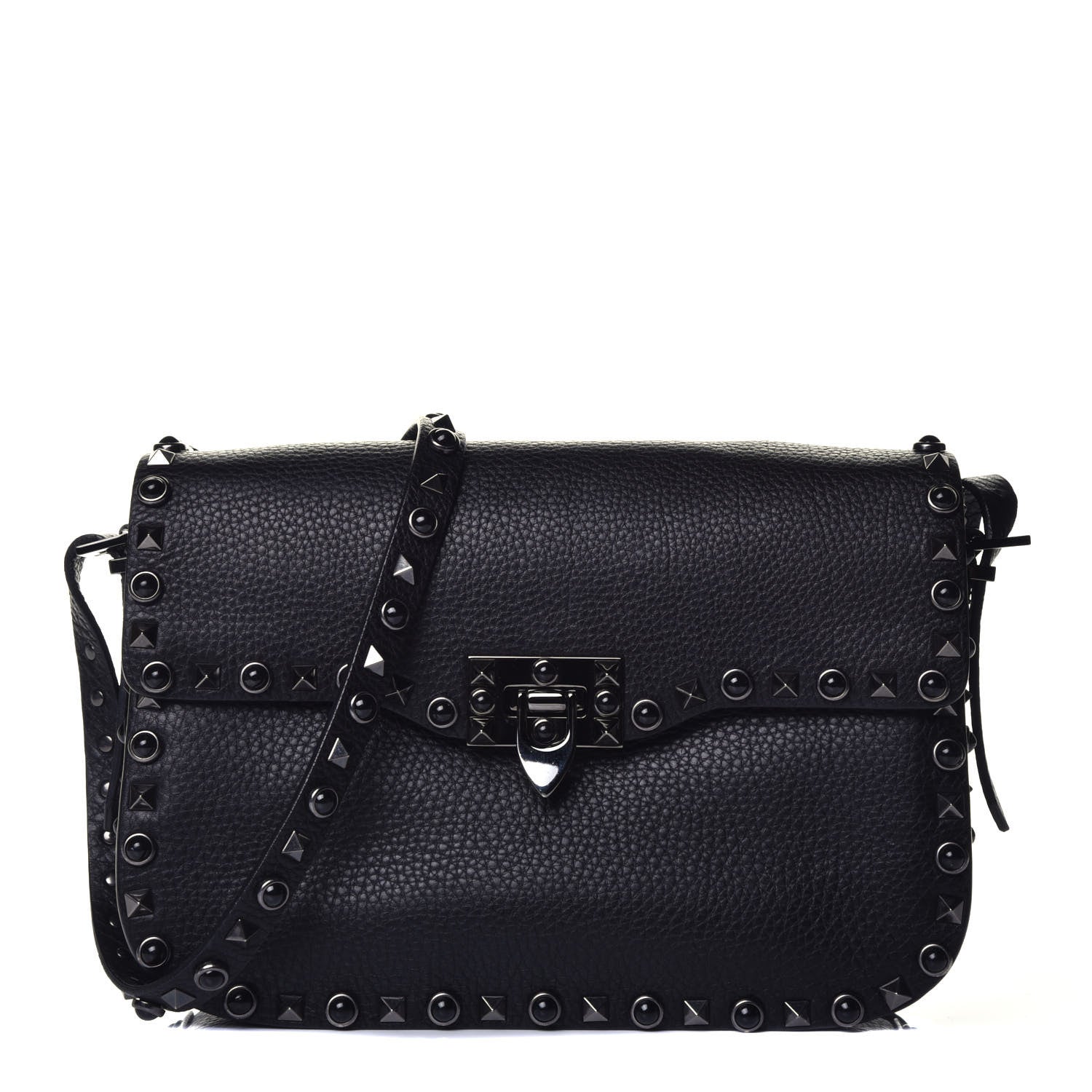 Valentino Garavani Pebbled Calfskin Onyx Medium Rockstud Rolling Flap Saddle Bag Black 1 of 8
