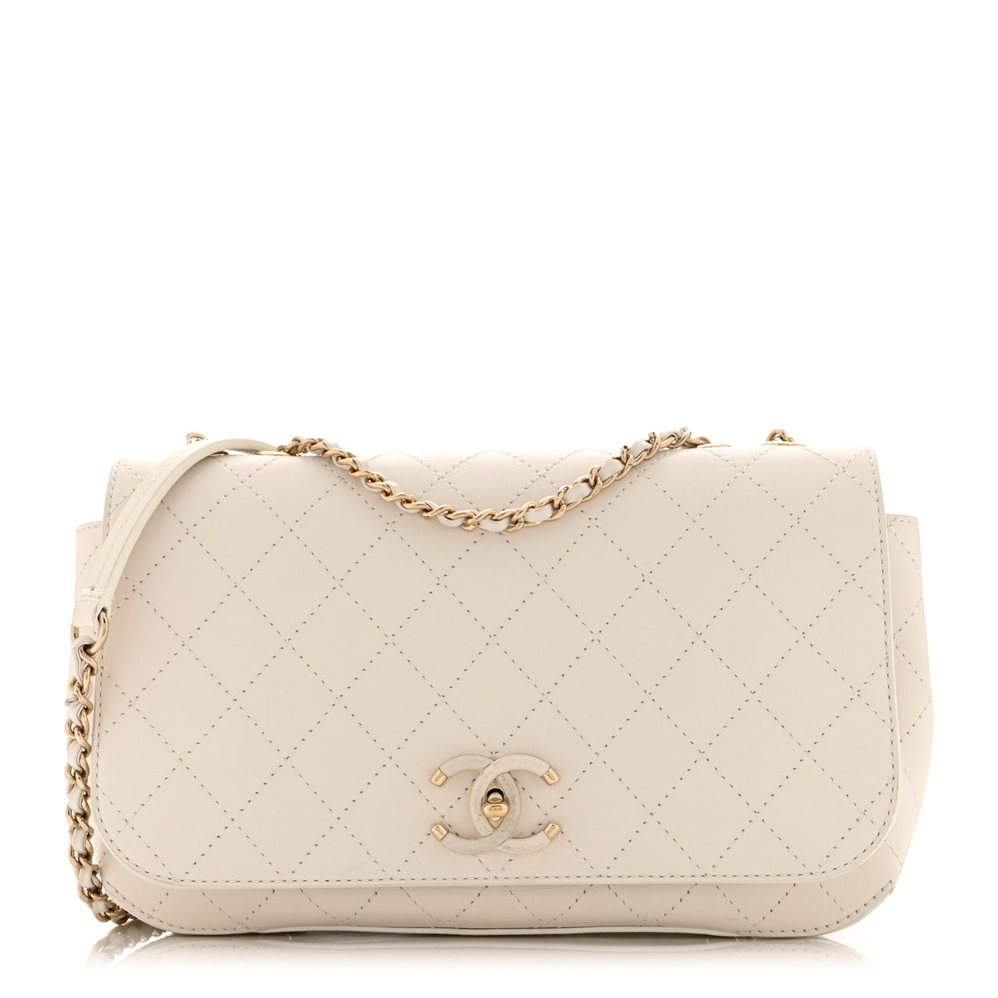 Calfskin Stitched Medium Covered CC Flap Bag White