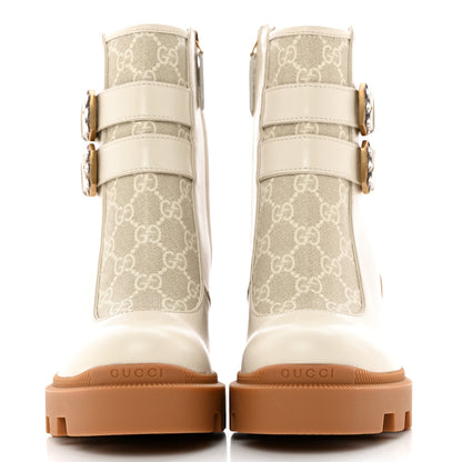 Gucci Kensington Calfskin Nappa GG Supreme Monogram Womens Double Buckle Ankle Boots 36.5 Mystic White Beige 2 of 14
