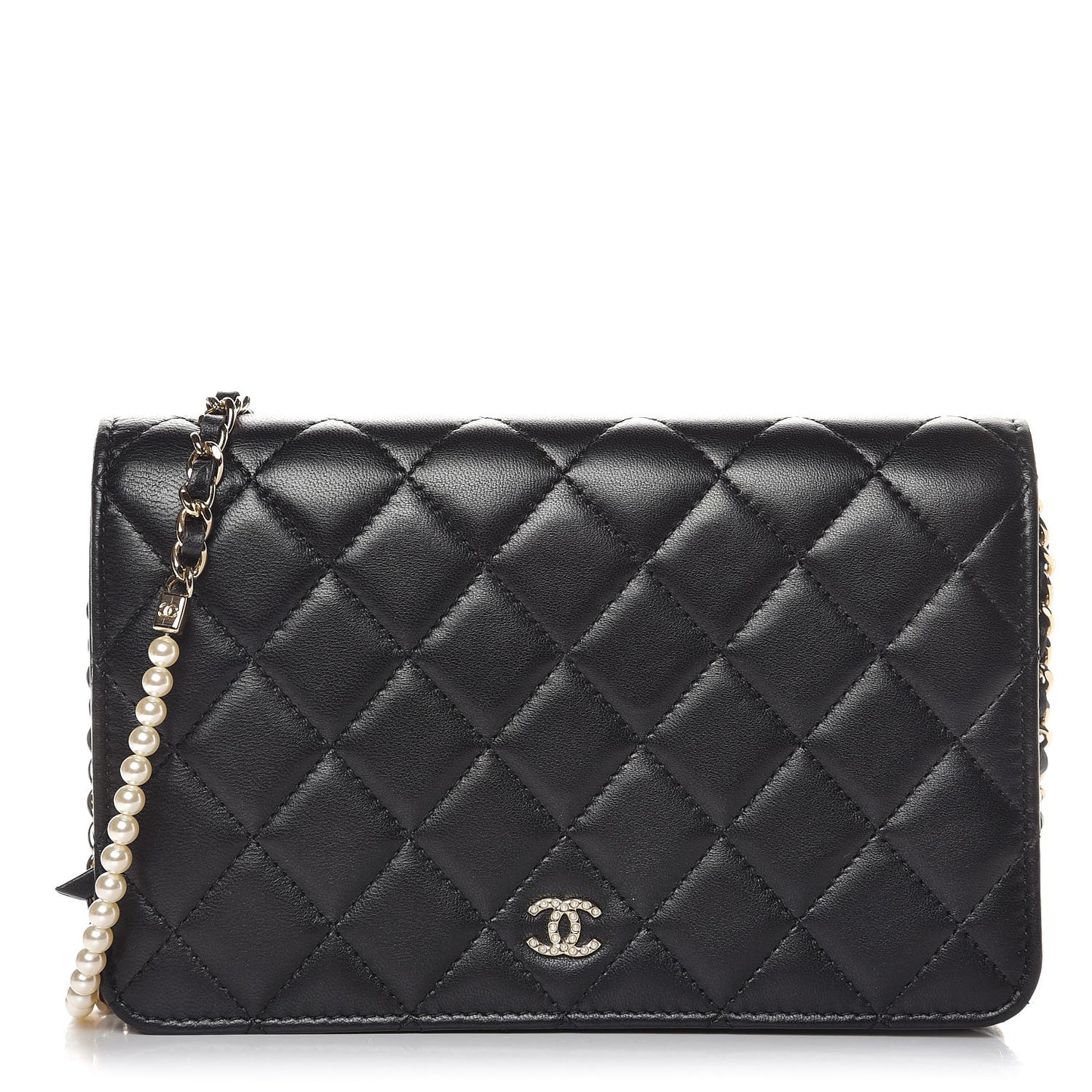 Lambskin Quilted Pearl Wallet On Chain WOC Black