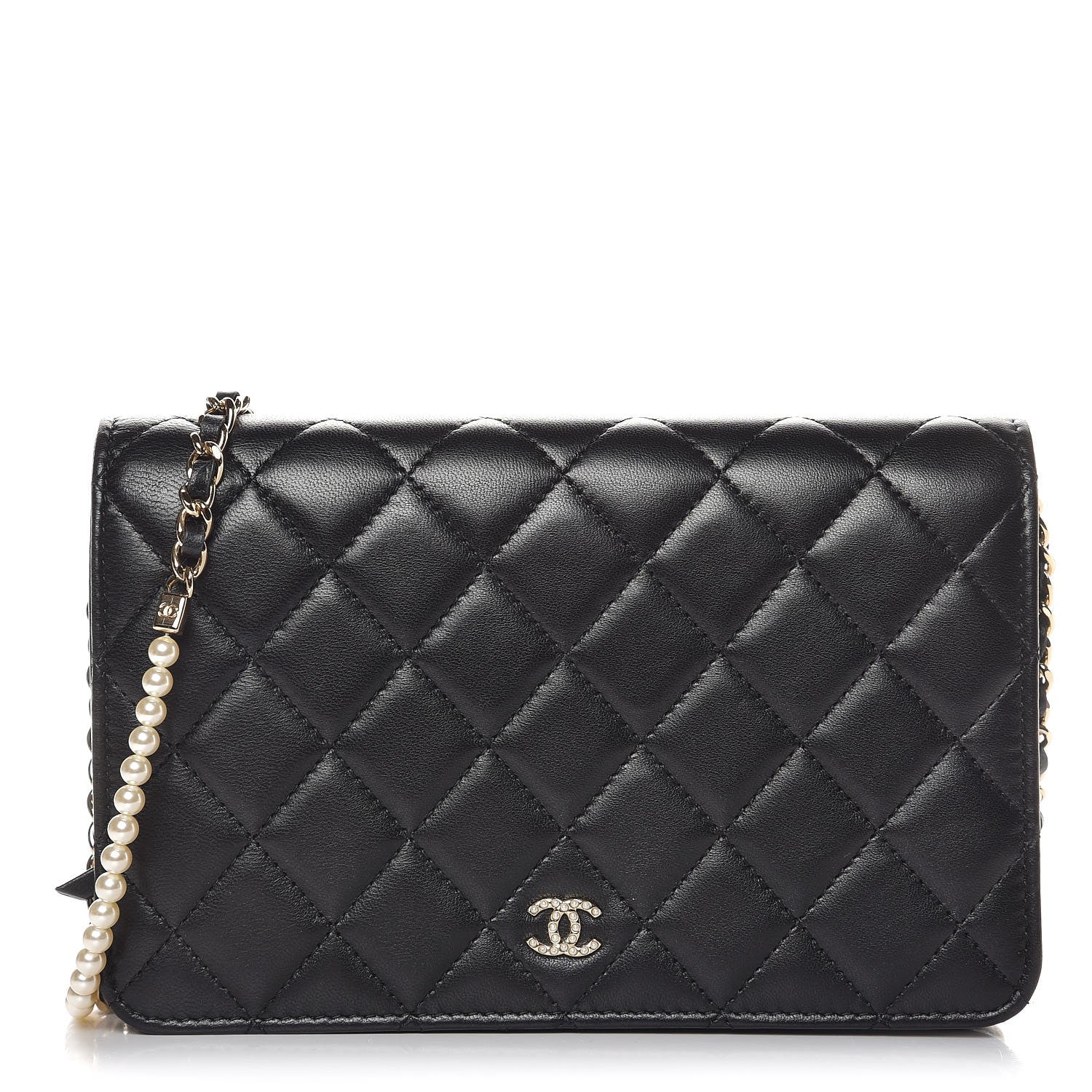 Chanel Lambskin Quilted Pearl Wallet On Chain WOC Black 1 of 12