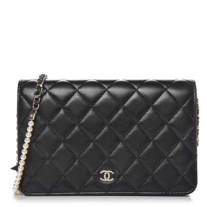 Chanel Lambskin Quilted Pearl Wallet On Chain WOC Black 1 of 12