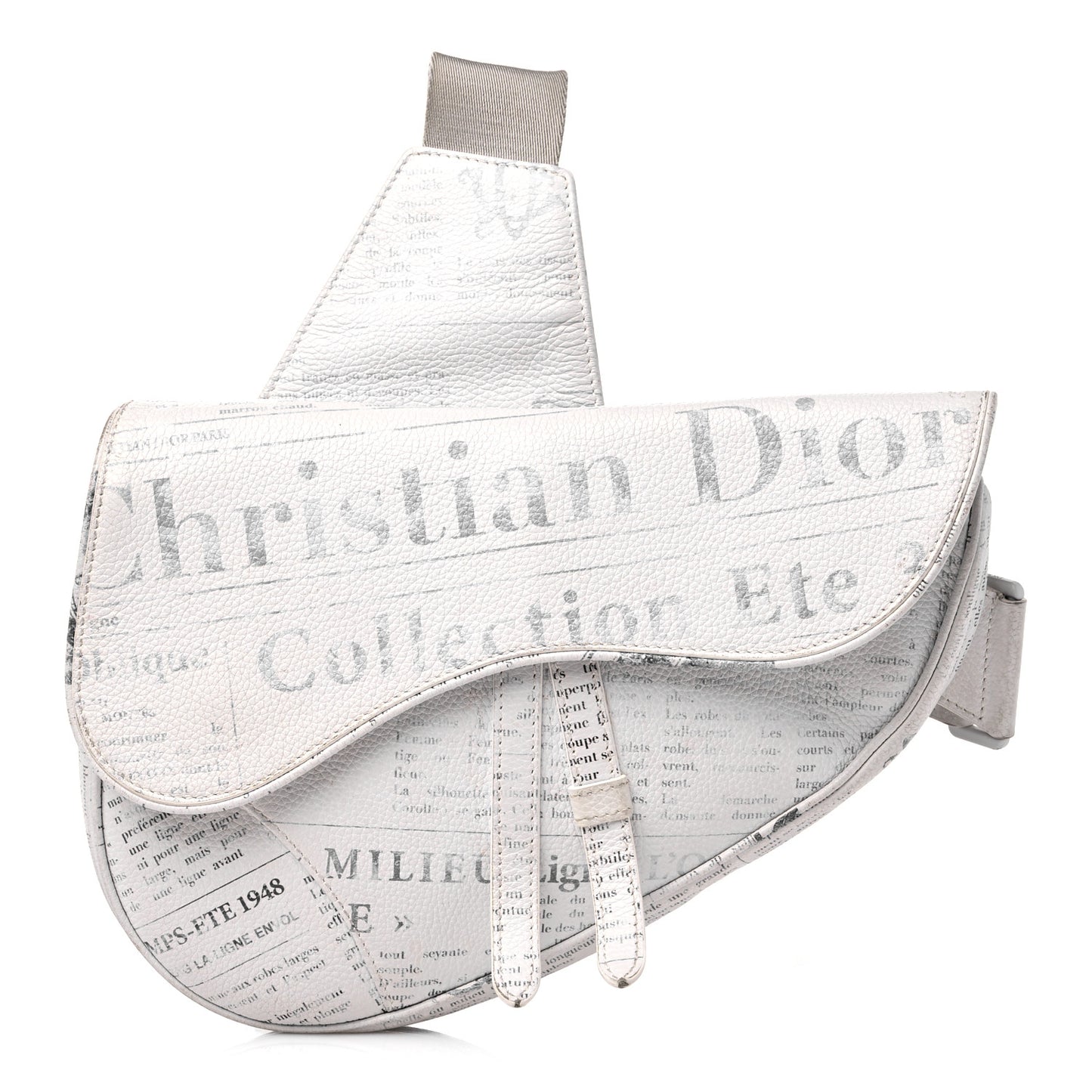 X DANIEL ARSHAM Grained Calfskin Newspaper Print Saddle Bag White