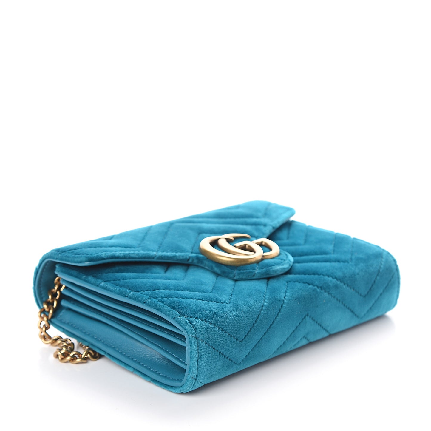 Velvet Matelasse GG Marmont Chain Wallet Pavone Cyan