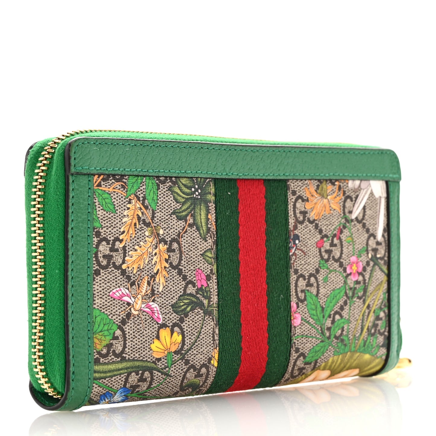 GG Supreme Monogram Flora Ophidia Zip Around Wallet Green