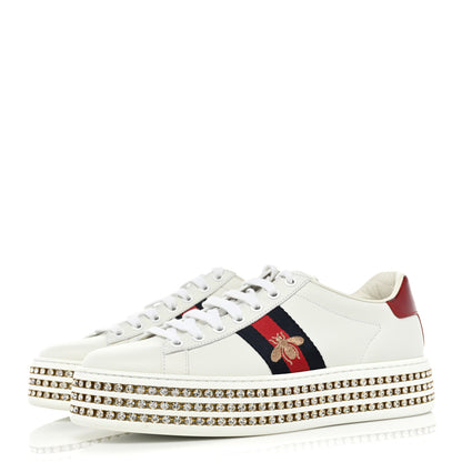 Gucci Calfskin Crystal Web Bee Embroidered Womens Ace Platform Sneakers 38 White 3 of 10