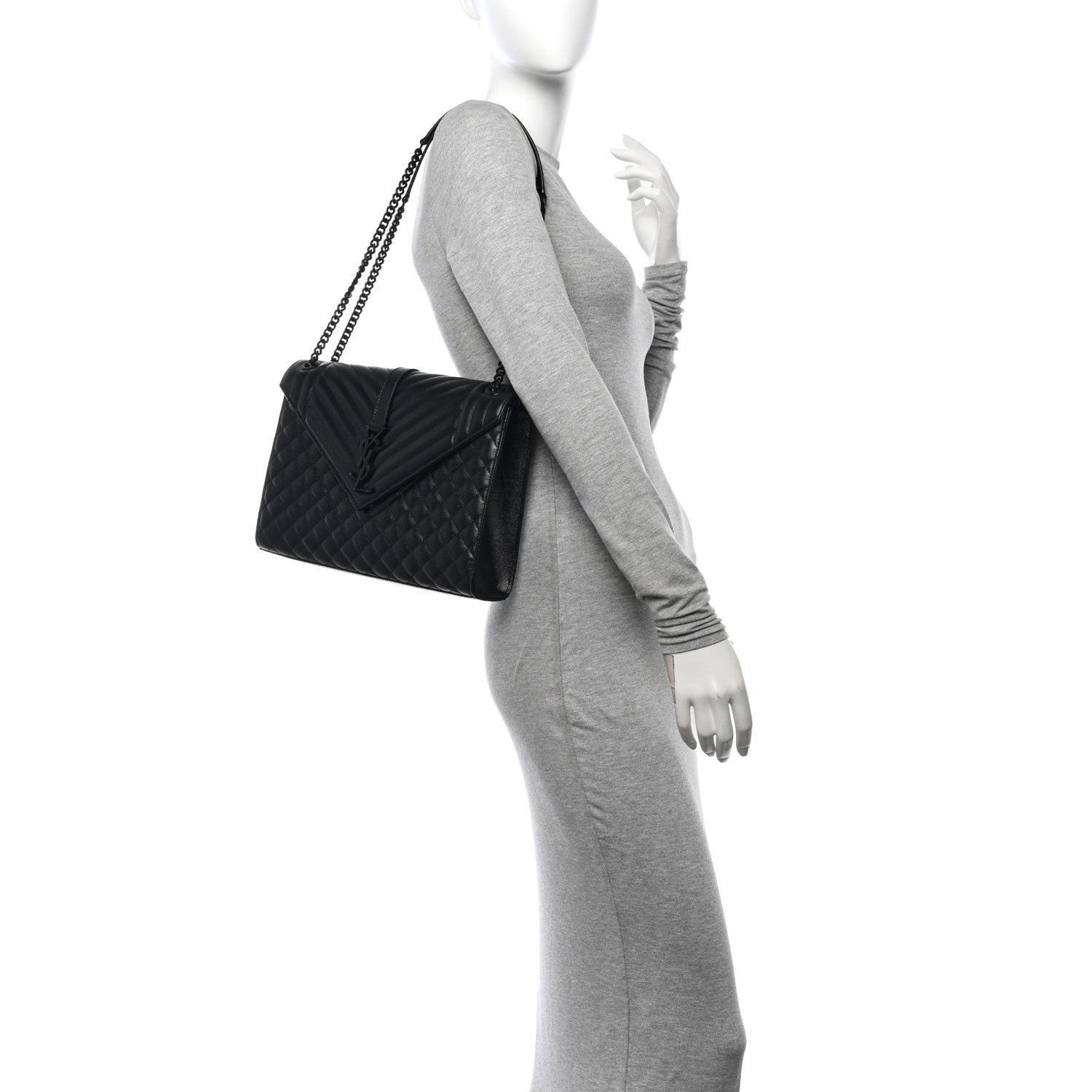 Saint Laurent Grain De Poudre Textured Mixed Matelasse Large Triquilt Monogram Monochrome Satchel Black 2 of 9