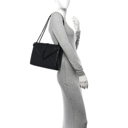 Saint Laurent Grain De Poudre Textured Mixed Matelasse Large Triquilt Monogram Monochrome Satchel Black 2 of 9