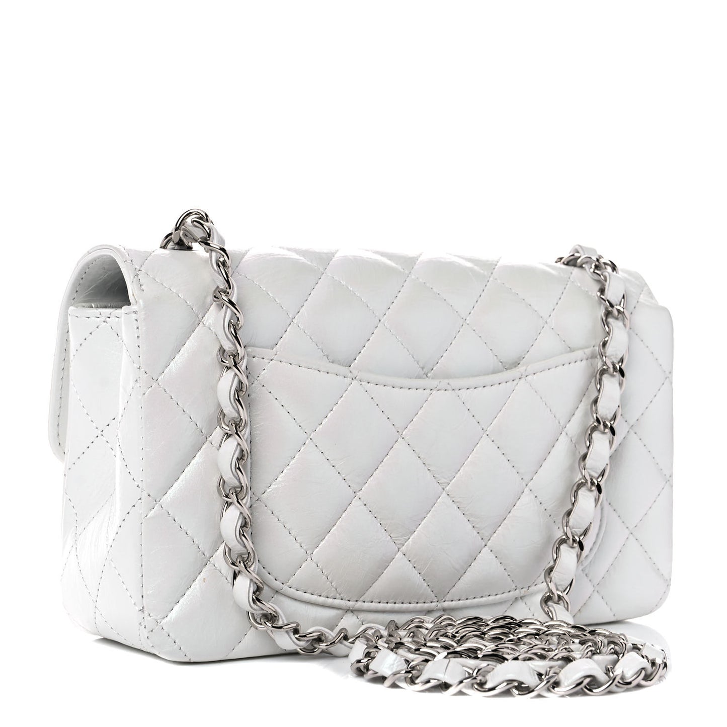 Iridescent Crumpled Calfskin Quilted Mini Rectangular Flap White