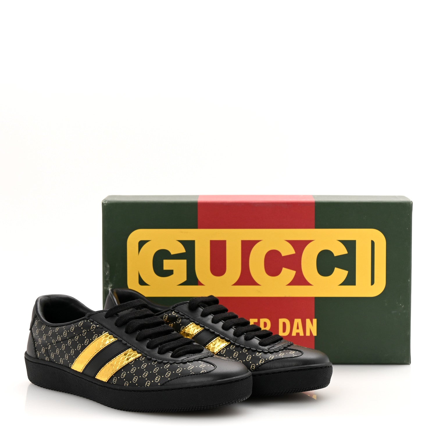 Gucci X DAPPER DAN Calfskin Laminated Ayers GG Micro Monogram Womens G74 Sneakers 36.5 Black Gold 11 of 11