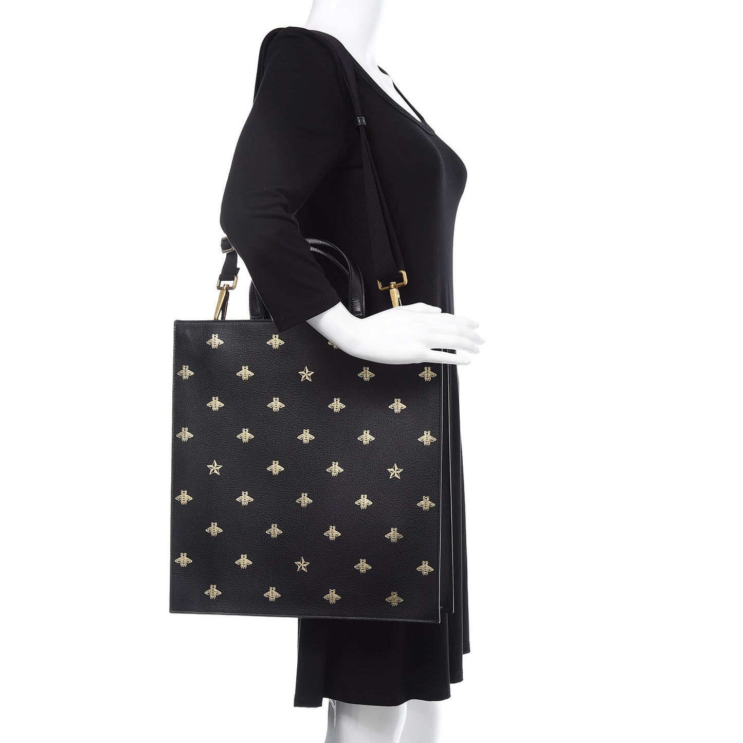 Grained Calfskin Bee Star Vertical Tote Black