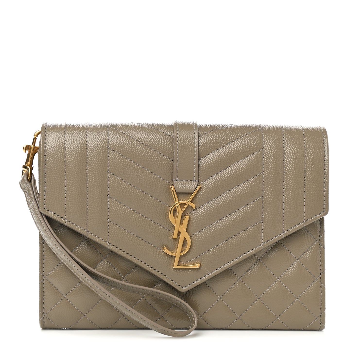 Grain De Poudre Textured Mixed Matelasse Triquilt Monogram Clutch Greyish Brown
