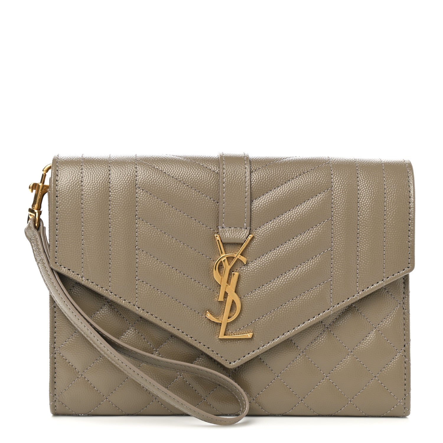 Saint Laurent Grain De Poudre Textured Mixed Matelasse Triquilt Monogram Clutch Greyish Brown 1 of 7