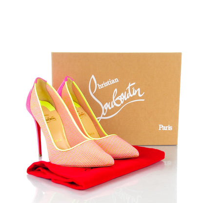 Christian Louboutin Lace Patent Raphia Follies 100 Pumps 37 Shocking Pink 9 of 9