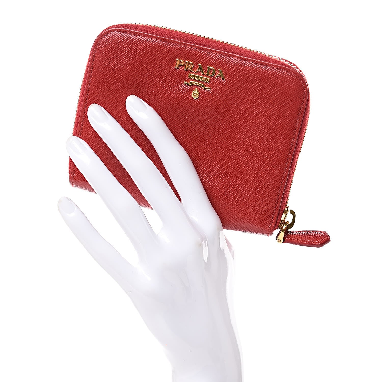 Prada Saffiano Metal Compact Zip Around Wallet Fuoco 2 of 8