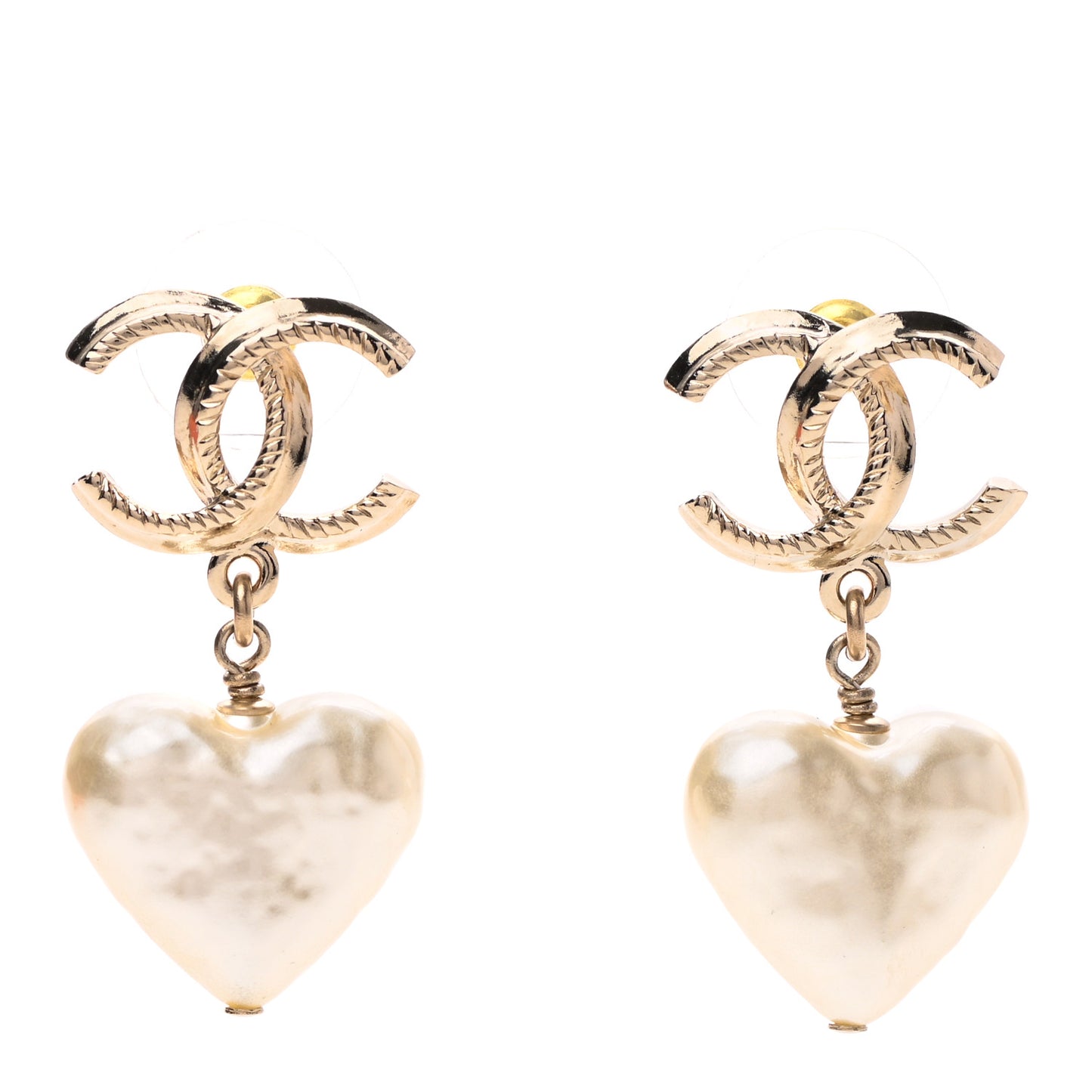 Pearl CC Heart Drop Earrings Gold