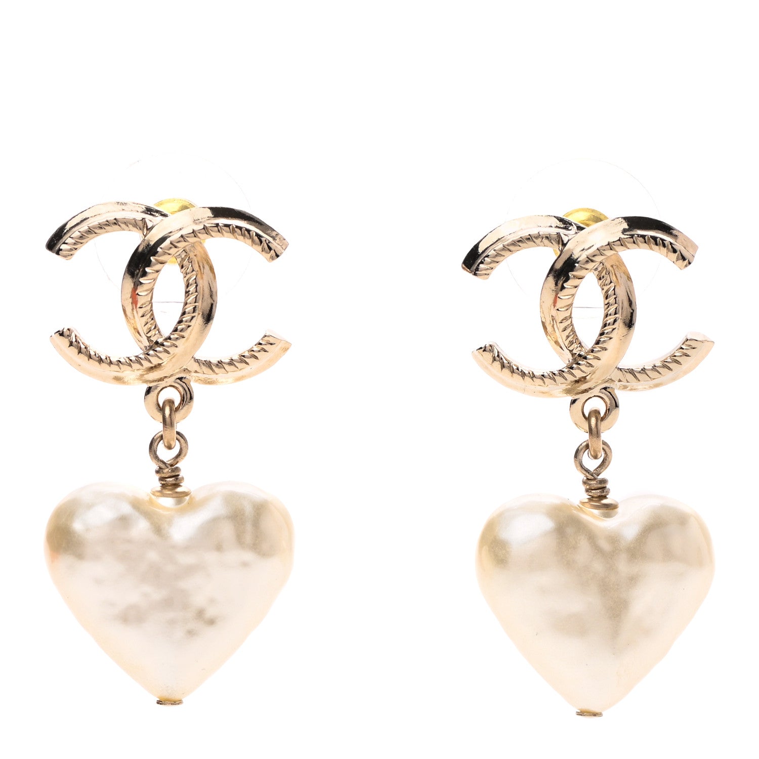 Chanel Pearl CC Heart Drop Earrings Gold 1 of 4