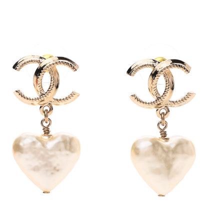 Chanel Pearl CC Heart Drop Earrings Gold 1 of 4