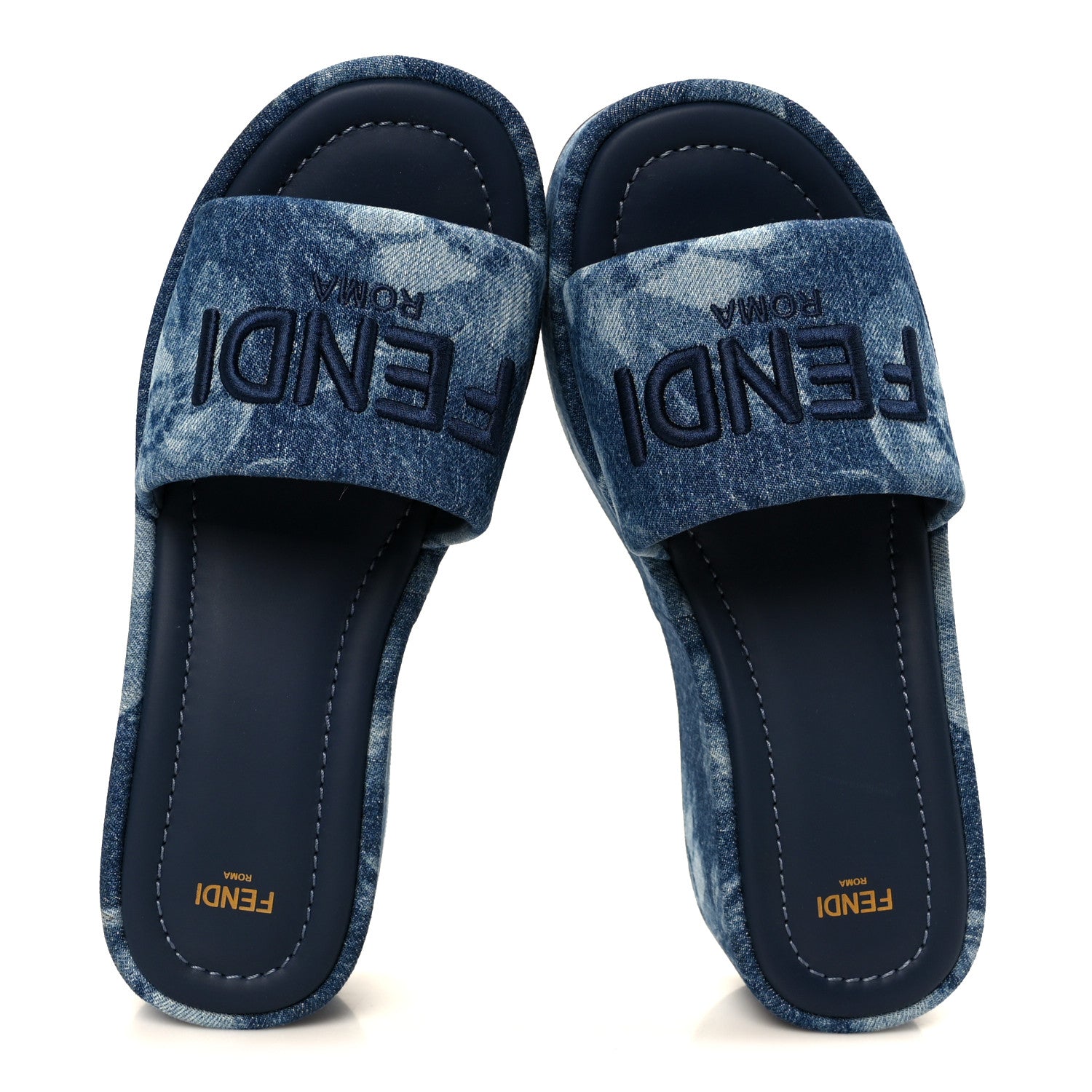 Fendi Denim Sea Garden Logo Sunshine Flatform Slide Sandals 40