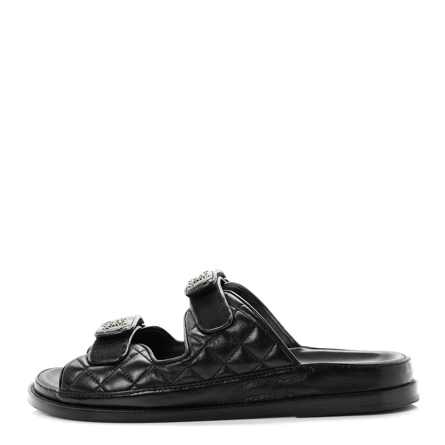 Lambskin Quilted Velcro Dad Chain CC Slide Sandals 39.5 Black