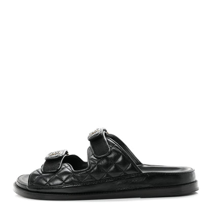 Chanel Lambskin Quilted Velcro Dad Chain CC Slide Sandals 39.5 Black 1 of 10