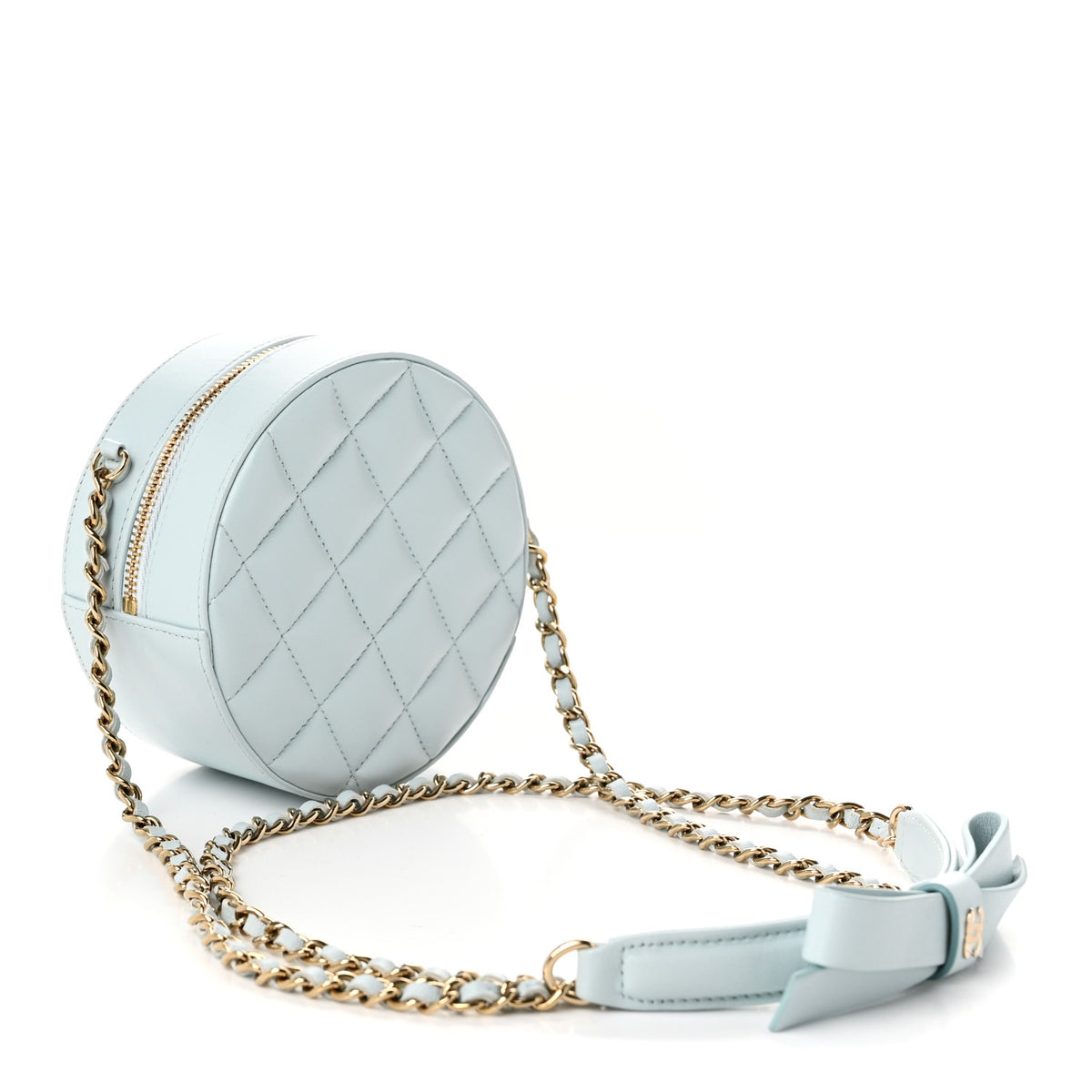 Chanel Iridescent Lambskin Quilted Coco Bow Round Clutch With Chain Light Blue 3 of 10