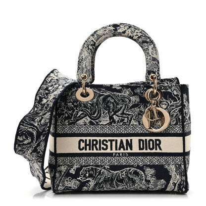 Christian Dior Canvas Toile De Jouy Reverse Embroidered Medium Lady D-Lite Navy 1 of 11