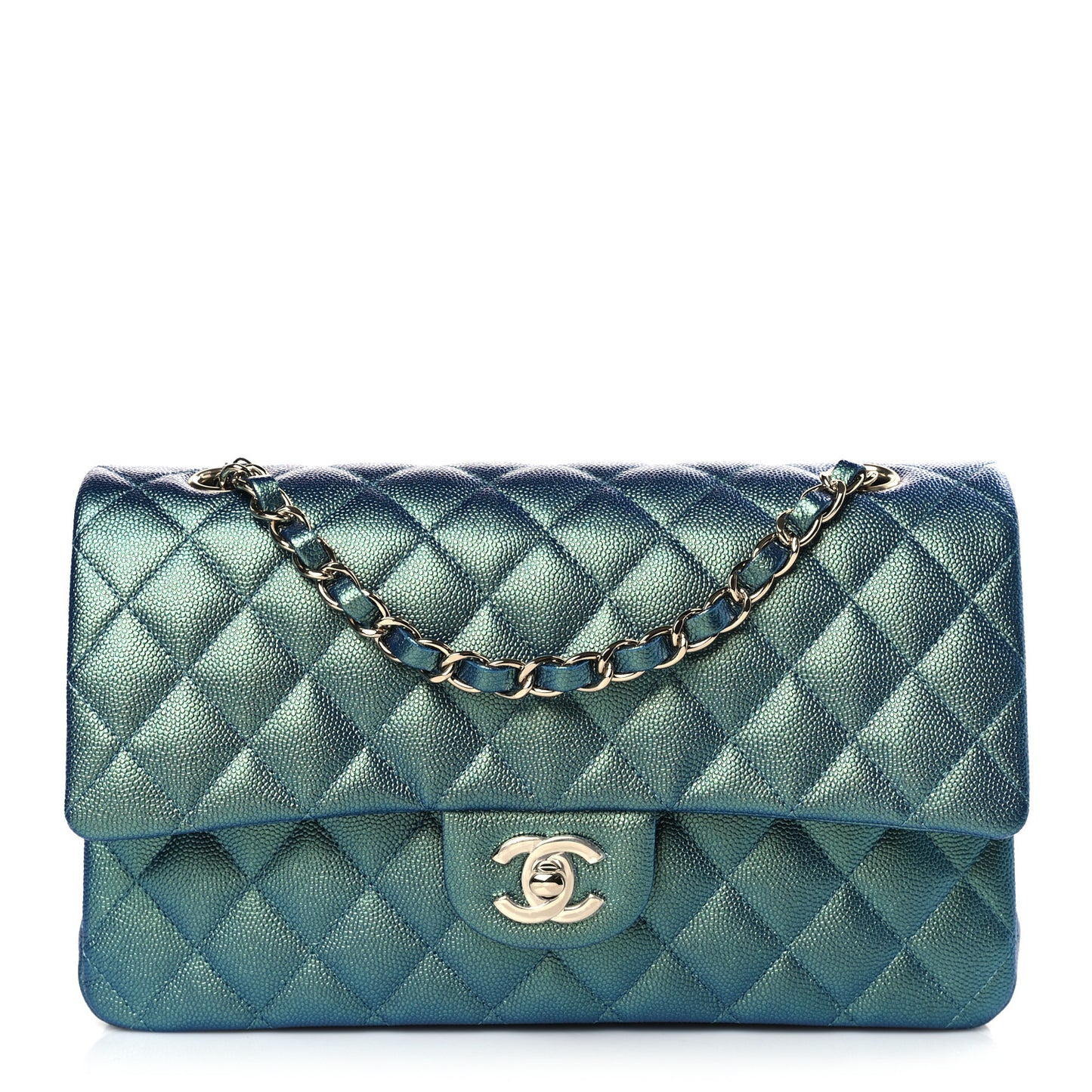 Iridescent Caviar Quilted Medium Double Flap Green