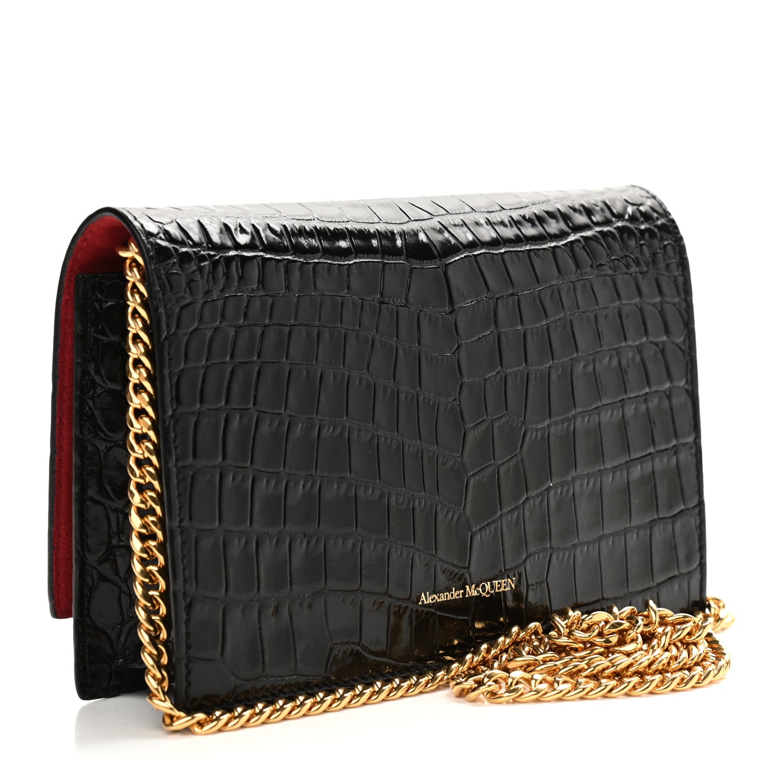 Alexander McQueen Calfskin Crocodile Embossed Skull Mini Crossbody Bag Black 3 of 9
