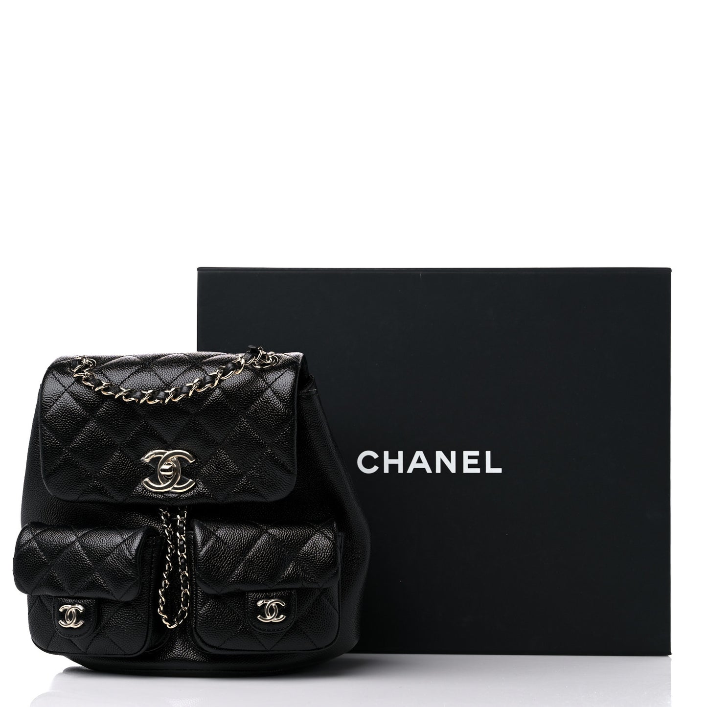 Shiny Caviar Quilted Small Duma Pockets Drawstring Backpack Black