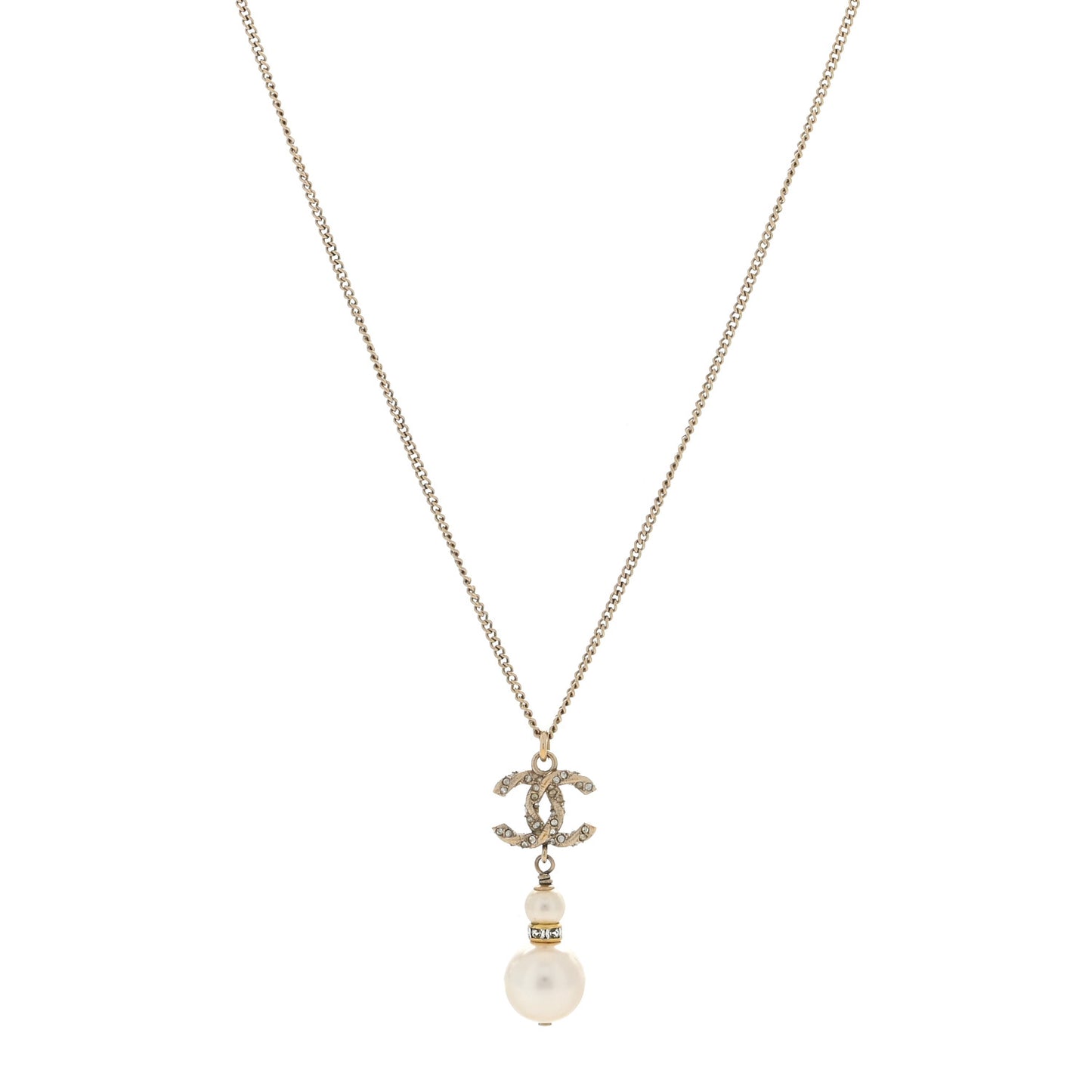 Crystal Pearl Twisted CC Drop Necklace Gold