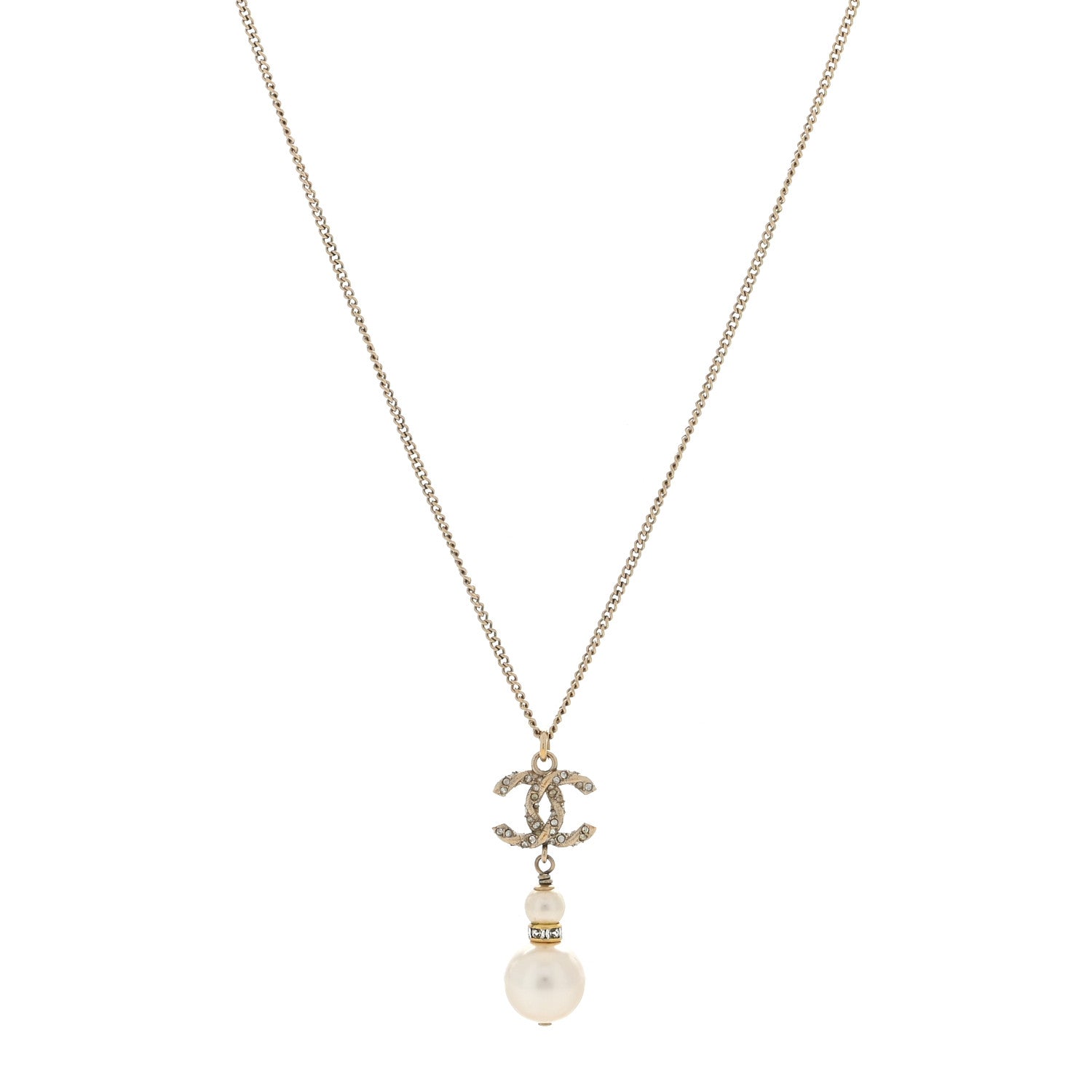 Chanel Crystal Pearl Twisted CC Drop Necklace Gold 1 of 3