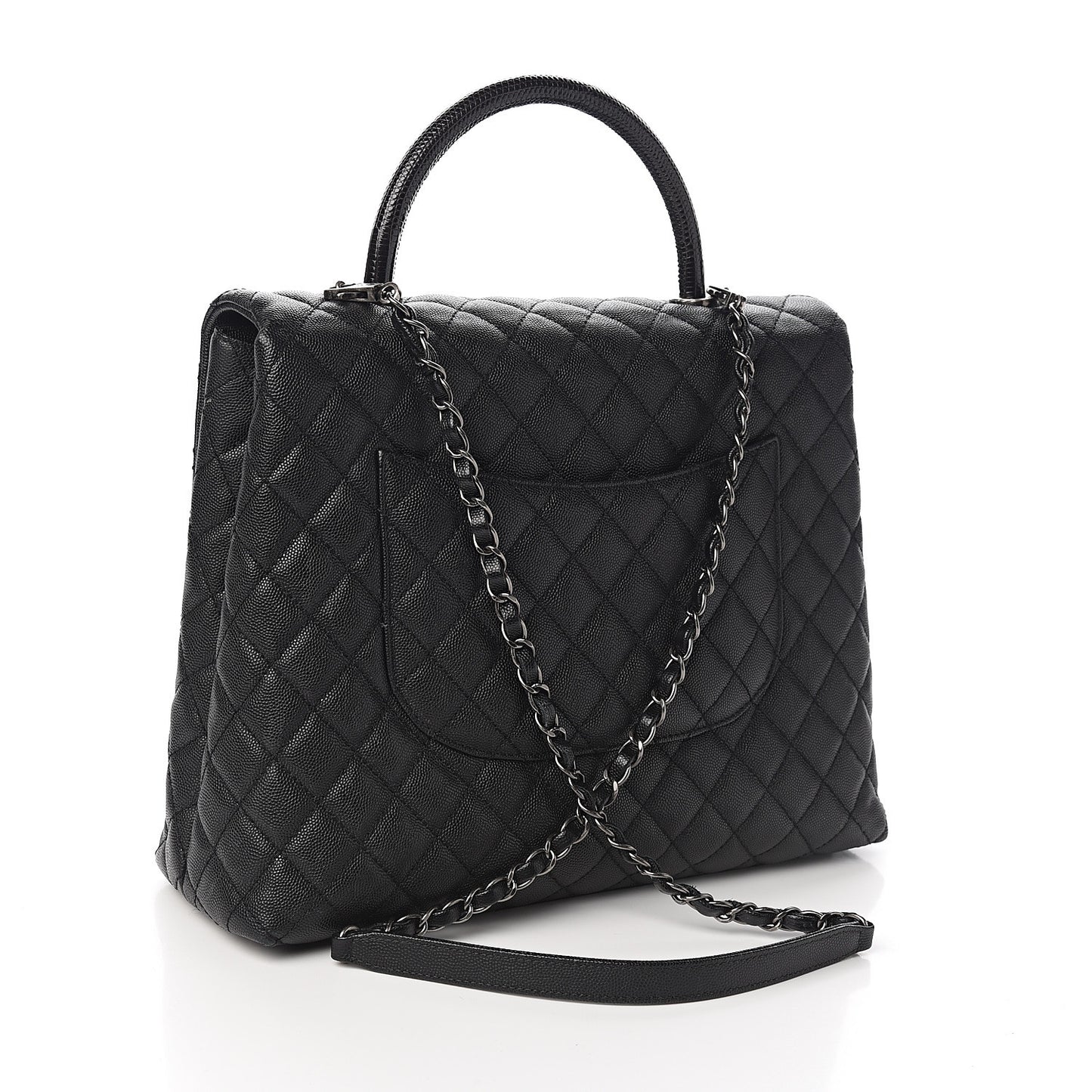 Caviar Lizard Quilted Large Coco Handle Flap Black