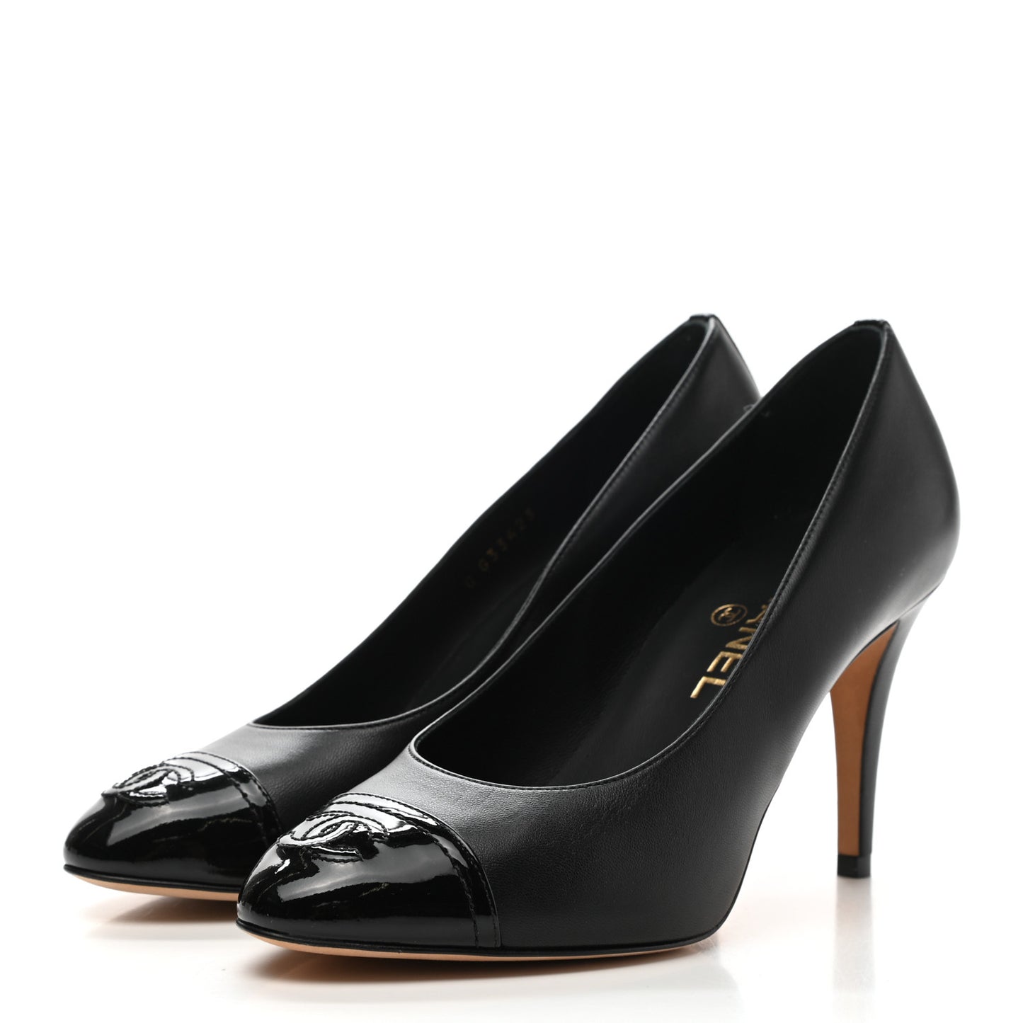 Lambskin Patent Calfskin Cap Toe CC Pumps 37 Black