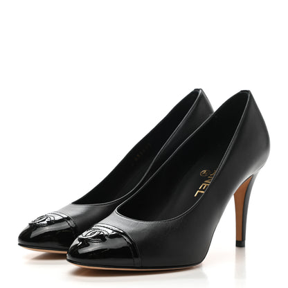 Chanel Lambskin Patent Calfskin Cap Toe CC Pumps 37 Black 3 of 9