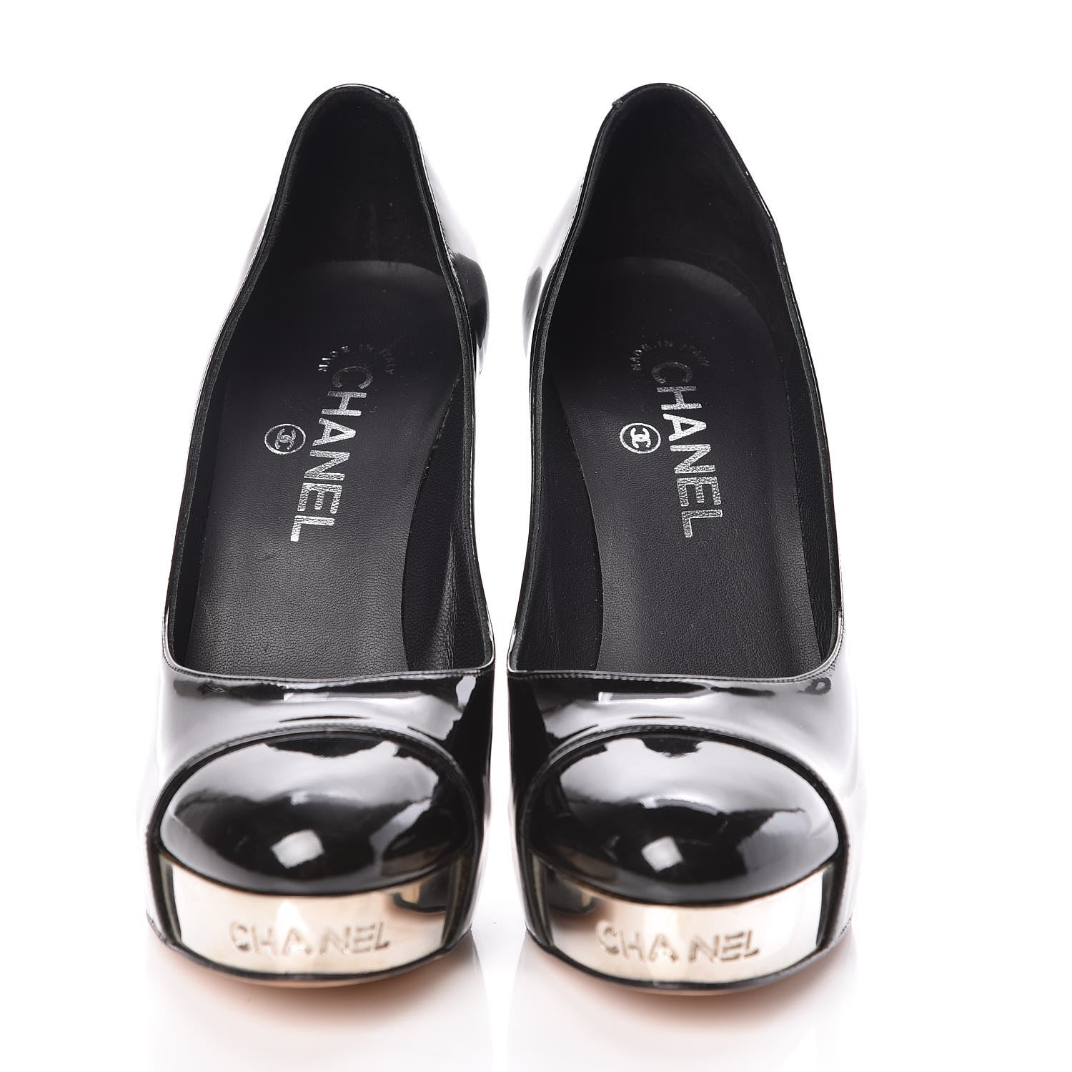 Chanel Patent Silver Cap Toe CC Pumps 37.5 Black 2 of 9