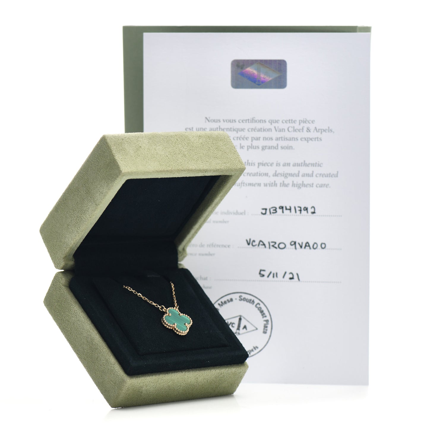 18K Yellow Gold Malachite Vintage Alhambra Pendant Necklace